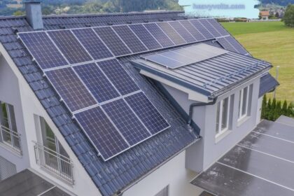 Housing solar system generating renewable energy for a modern family home.