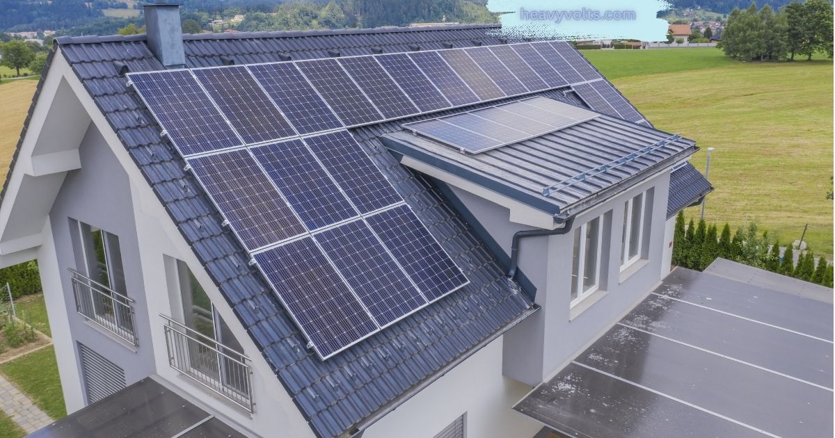 Housing solar system generating renewable energy for a modern family home.