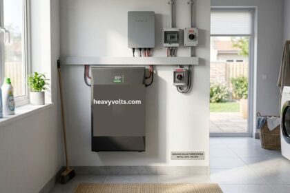 Battery storage for solar powering a modern home with renewable energy.