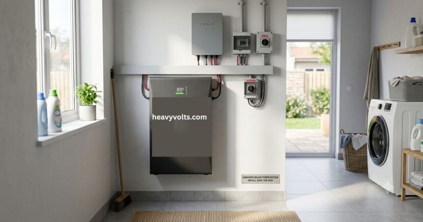 Battery storage for solar powering a modern home with renewable energy.