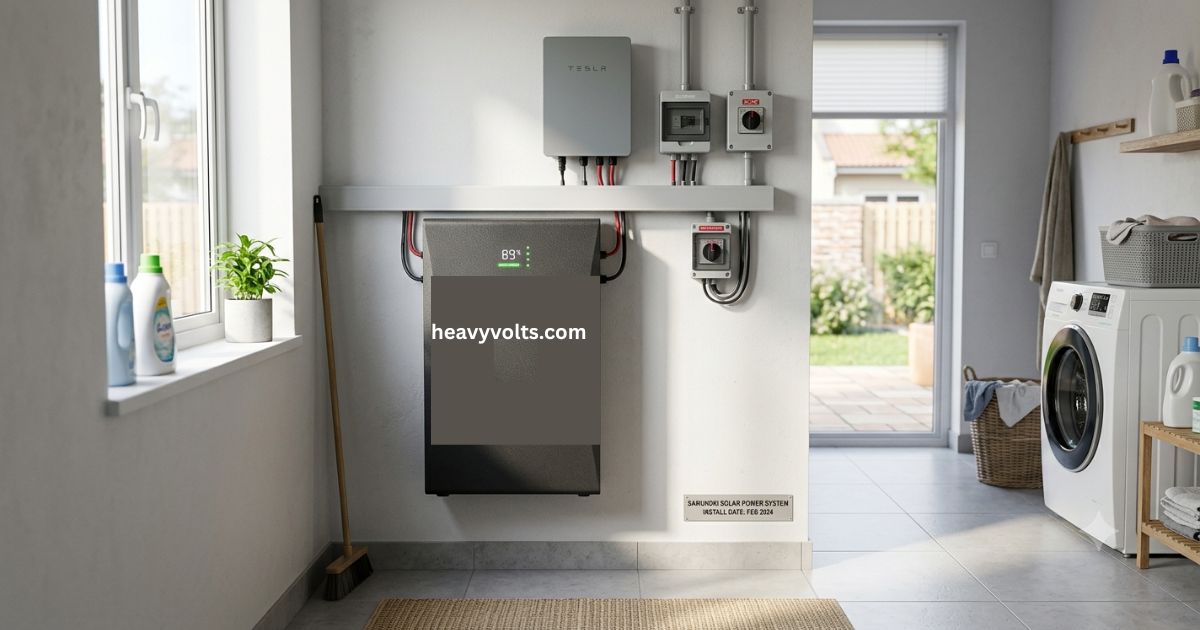 Battery storage for solar powering a modern home with renewable energy.