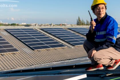 Roof solar panels installed on a modern residential home, generating clean renewable energy with a sleek rooftop solar system under a bright blue sky