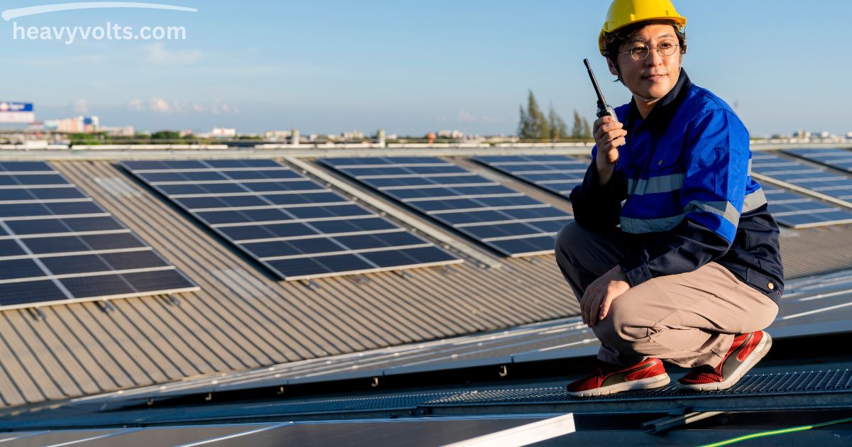 Roof solar panels installed on a modern residential home, generating clean renewable energy with a sleek rooftop solar system under a bright blue sky