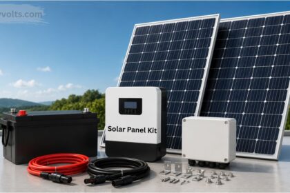 Solar panel kit with solar panels, inverter, battery, mounting hardware, and cables installed for efficient home renewable energy generation.