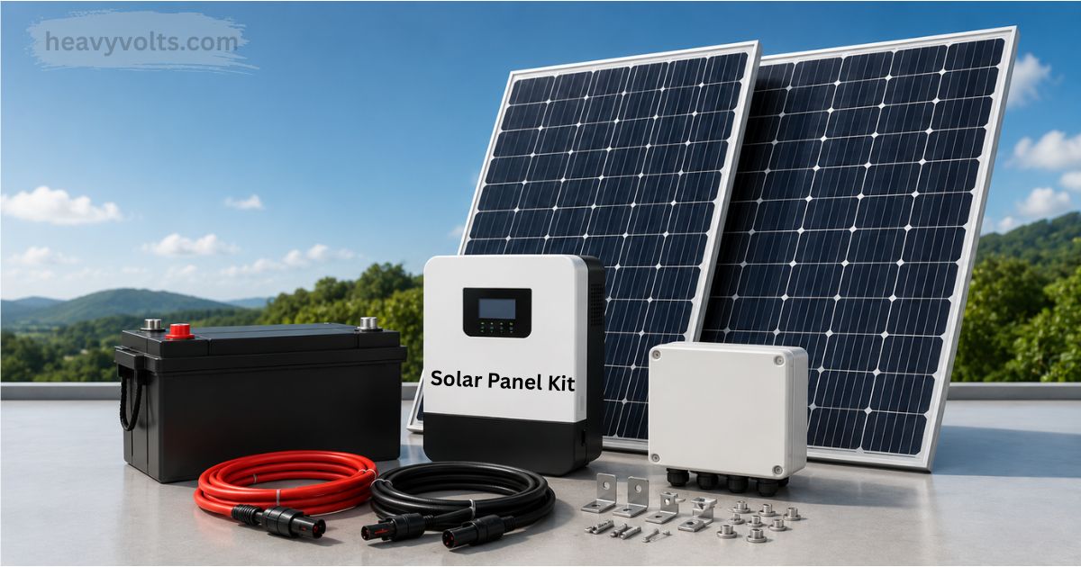 Solar panel kit with solar panels, inverter, battery, mounting hardware, and cables installed for efficient home renewable energy generation.