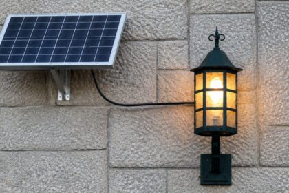 Solar Wall Lights mounted on a stone wall with an attached solar panel, providing warm, energy-efficient outdoor lighting for gardens, patios, and home exteriors.