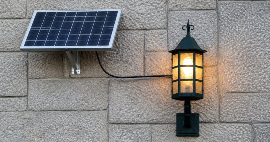 Solar Wall Lights mounted on a stone wall with an attached solar panel, providing warm, energy-efficient outdoor lighting for gardens, patios, and home exteriors.