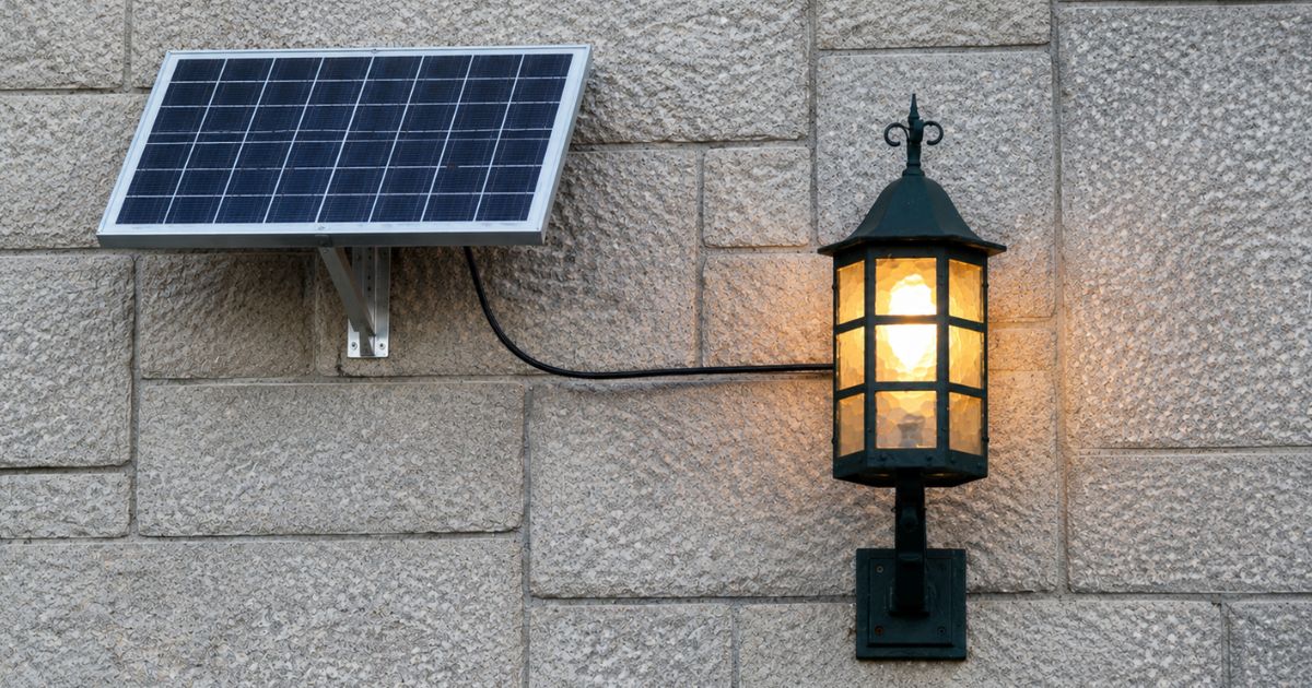 Solar Wall Lights mounted on a stone wall with an attached solar panel, providing warm, energy-efficient outdoor lighting for gardens, patios, and home exteriors.