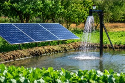 Solar water fountain powered by solar panels in a lush green garden, providing eco-friendly water circulation for sustainable outdoor landscaping.