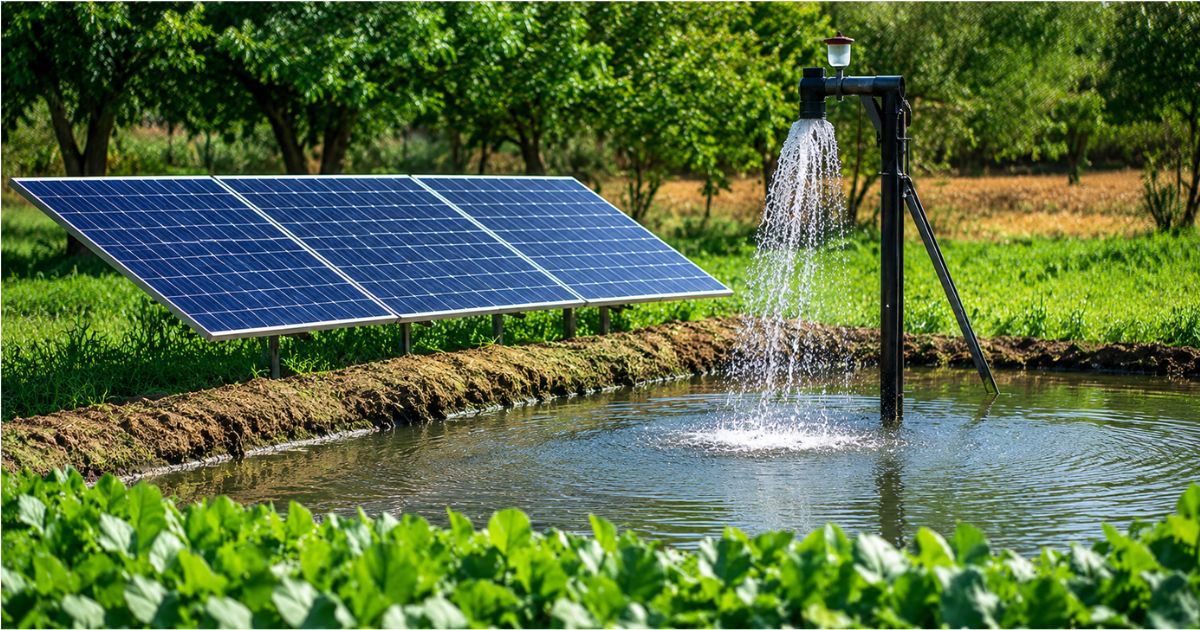 Solar water fountain powered by solar panels in a lush green garden, providing eco-friendly water circulation for sustainable outdoor landscaping.