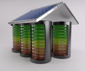 Battery storage for solar powering a modern home with renewable energy.