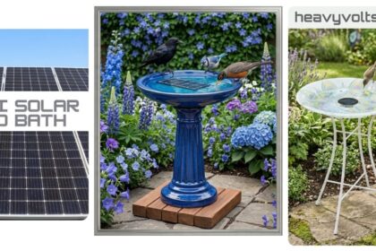 Collage of solar bird baths including a blue ceramic fountain, a glass bowl bird bath in a garden, and solar panels with text reading ALDI Solar Bird Bath and heavyvolts.com.