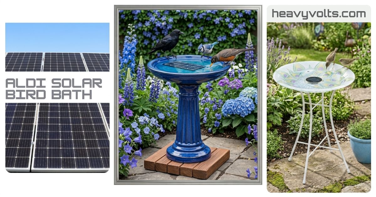 Collage of solar bird baths including a blue ceramic fountain, a glass bowl bird bath in a garden, and solar panels with text reading ALDI Solar Bird Bath and heavyvolts.com.