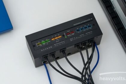 12V inverter converting car battery power to AC electricity.
